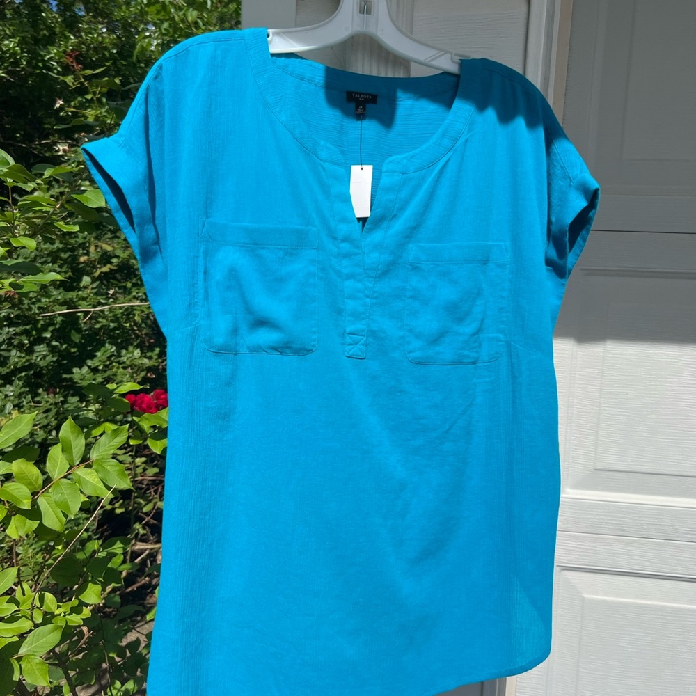 NWT Talbots Pretty Sea Blue 100% Cotton Pocket Front Short Sleeve Blouse